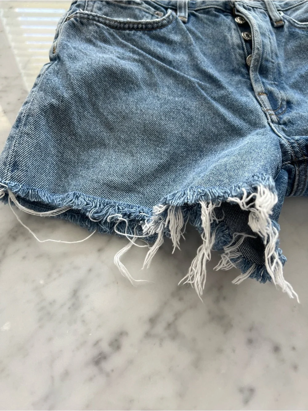 AGOLDE Parker Long High-Rise Cutoff Shorts Skywave Blue Wash Size 26